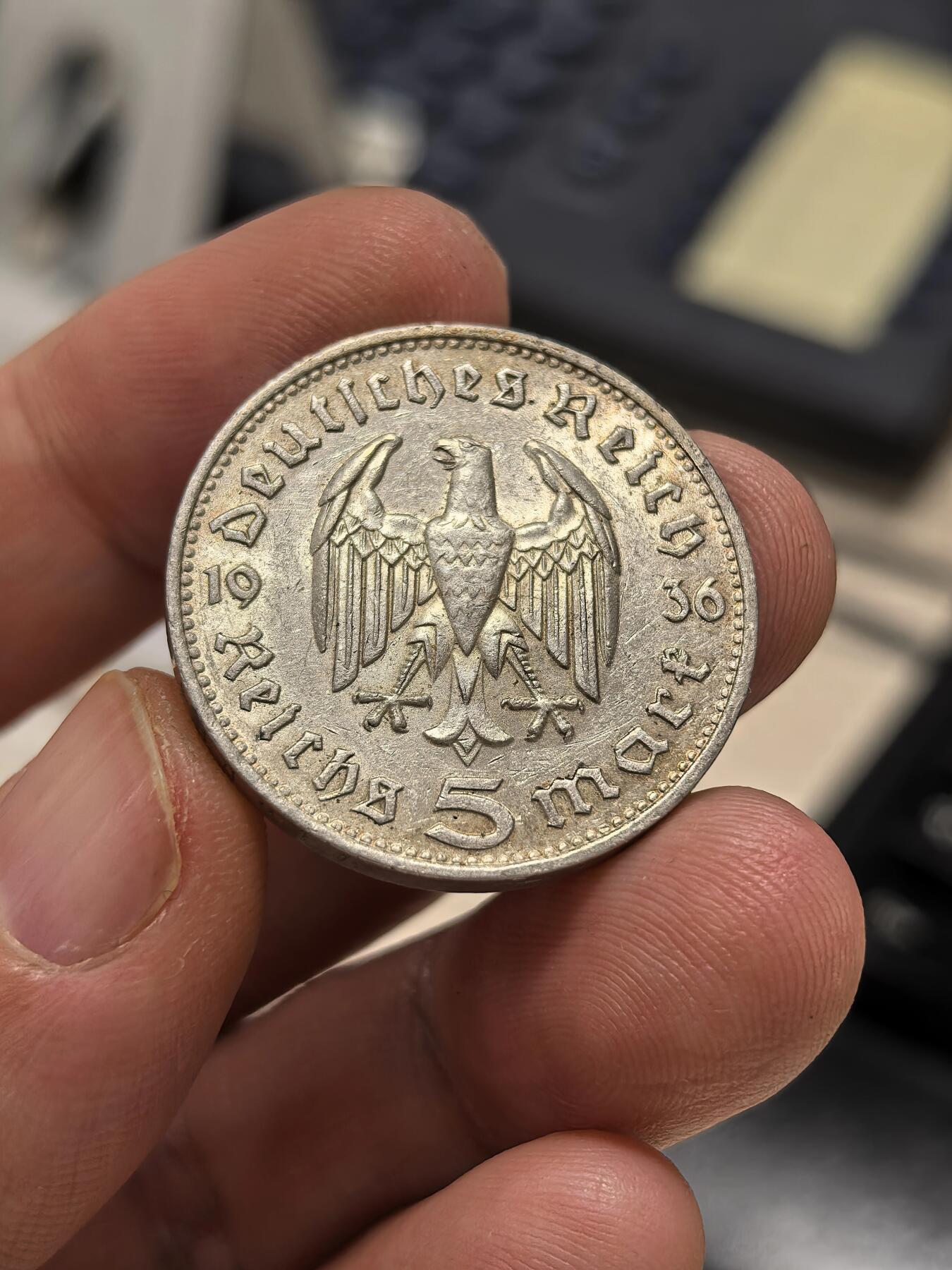 博洋堂世界钱币拍卖第159期（全场包邮） 德国1936年F版兴登堡5马克银币 细节清晰带转光
