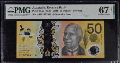 《艾美收藏》第230期-2.1周日外币年前精品场 - 澳大利亚2018年50元PMG67E高分长号段无4尾8 Pick#65ax 错误印刷回收版本