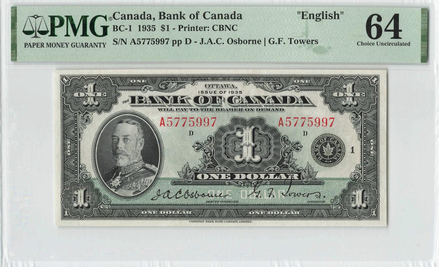 小福收藏拍卖第200期 【庆典场 中拍就有好礼相赠】评级币精选场 本期有捷克斯洛伐克20年100克朗慕夏作品大珍 69分倒置百位号布隆迪世界最大纸币  35年版加拿大经典 苏格兰格拉斯哥大学500年纪念钞倒置小号 卡塔尔80年100里亚尔冠军分 美国教育券 意大利拉斐尔 乌克兰 库克群岛 墨西哥 南斯拉夫 亚美尼亚等多国精美高分珍稀老钞精品纸币 加拿大 1935年 1元 英王乔五 丰收女神 数3 PMG64