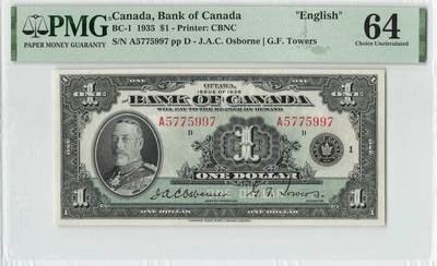 小福收藏拍卖第200期 【庆典场 中拍就有好礼相赠】评级币精选场 本期有捷克斯洛伐克20年100克朗慕夏作品大珍 69分倒置百位号布隆迪世界最大纸币  35年版加拿大经典 苏格兰格拉斯哥大学500年纪念钞倒置小号 卡塔尔80年100里亚尔冠军分 美国教育券 意大利拉斐尔 乌克兰 库克群岛 墨西哥 南斯拉夫 亚美尼亚等多国精美高分珍稀老钞精品纸币 - 加拿大 1935年 1元 英王乔五 丰收女神 数3 PMG64