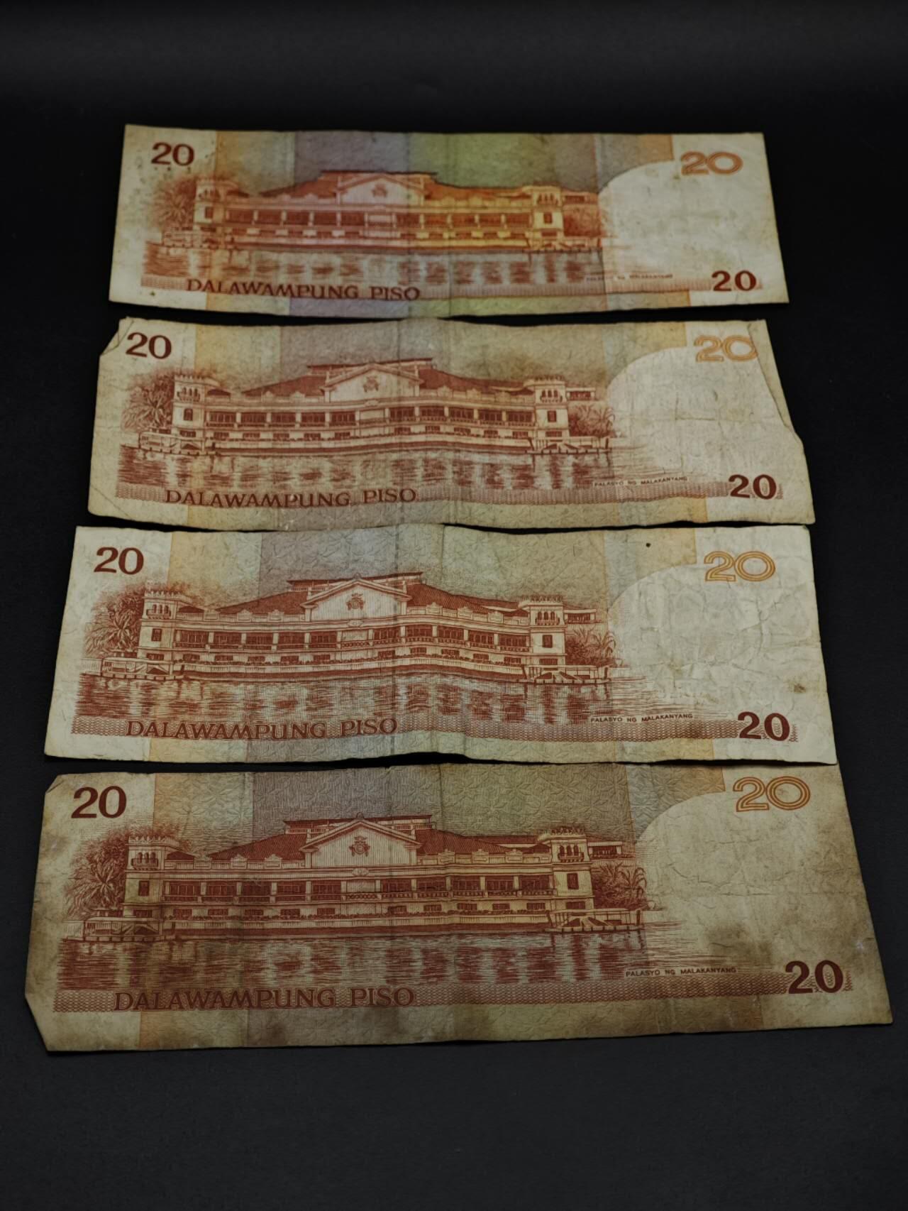 【淘币小摊】实时拍第八百五十六拍   无佣金福利纸币场   满百包邮可预留二周 每周一统一发货   菲律宾20比索纸币4张【有折】