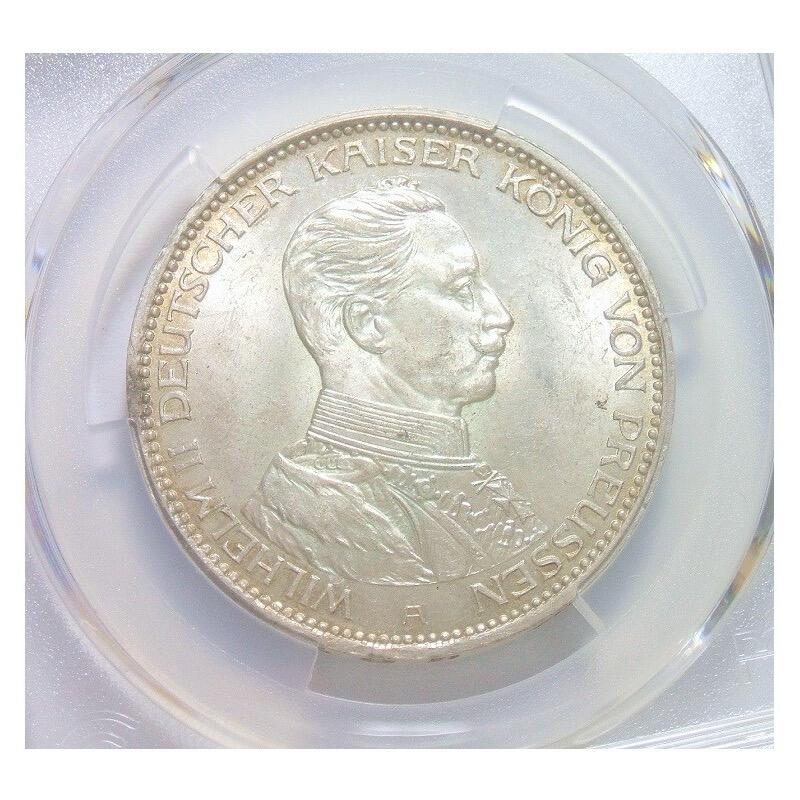 【银】PCGS MS63 德国普鲁士1914年威廉二世军装3马克银币 难得开卷原光