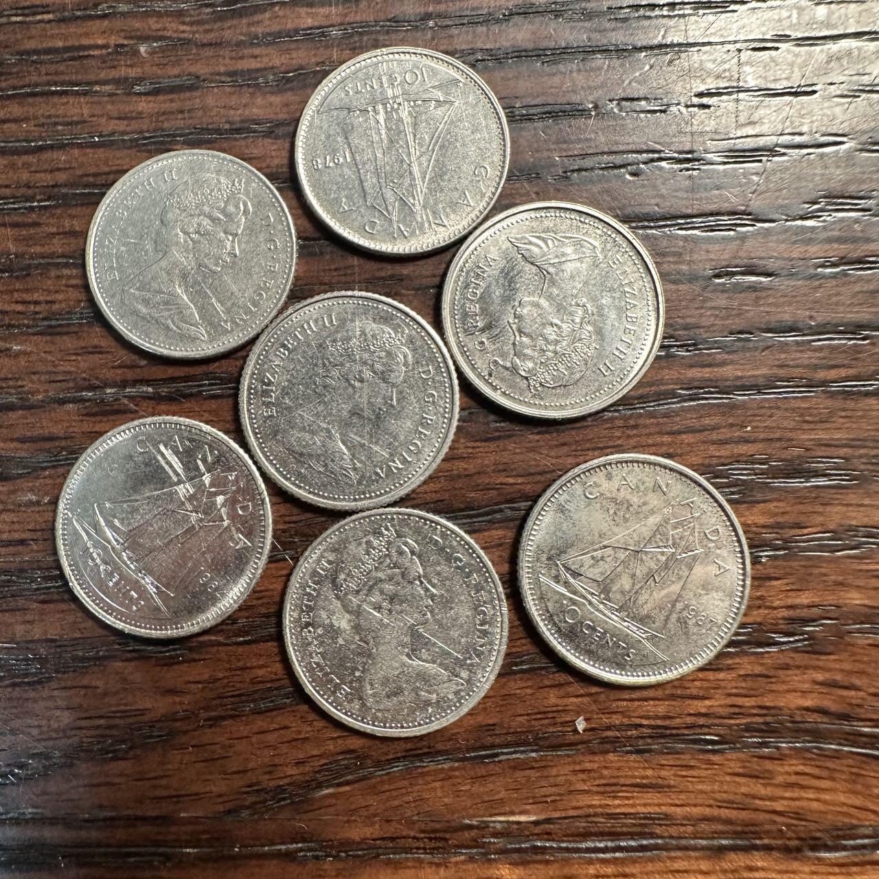 蒂克钱币-第58场 外国散币 奥运/博览会纪念章免佣限时拍 加拿大10分散币 7枚