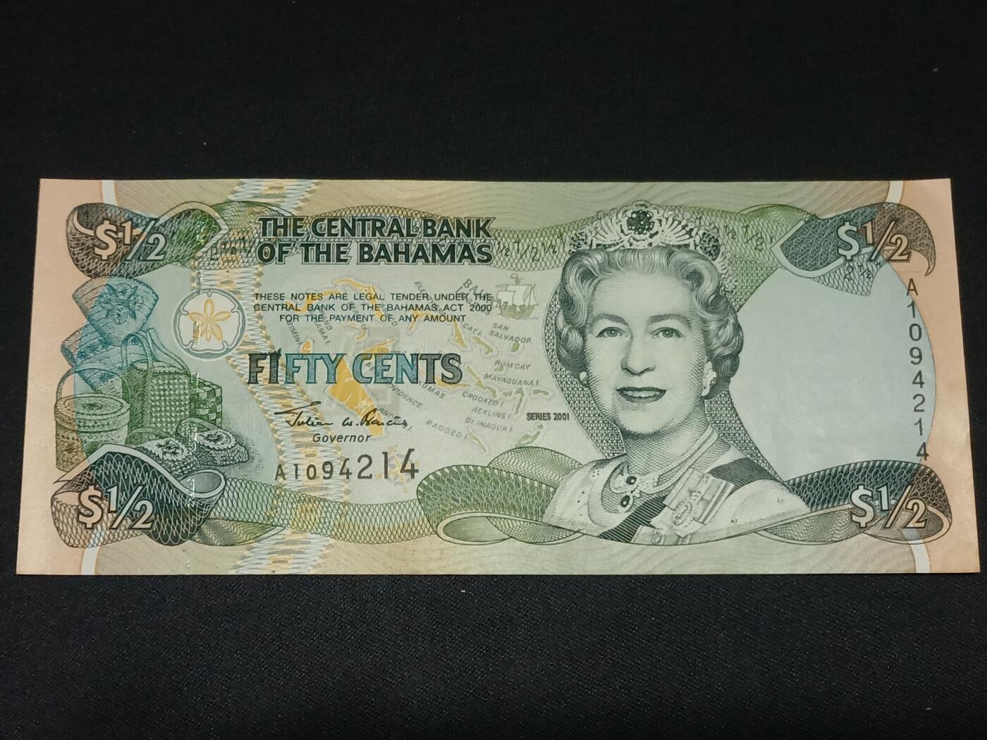 【游宝拍卖】乙巳蛇年第115期 蛇年收官场 巴哈马-1/2元【2001年 全新UNC】