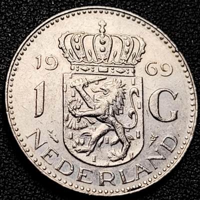 泉币菌-第179场- 精品福利场 - 1969年 荷兰王国早期1盾 朱莉安娜女王  镍币 硬币 25mm 