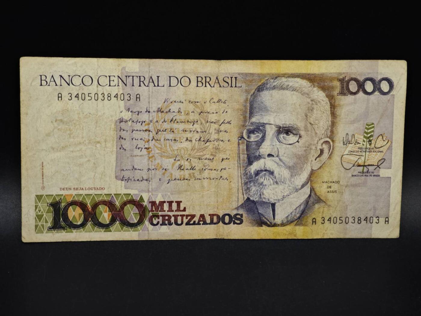 【淘币小摊】实时拍第八百五十六拍   无佣金福利纸币场   满百包邮可预留二周 每周一统一发货   巴西1000克鲁塞罗纸币【有折】