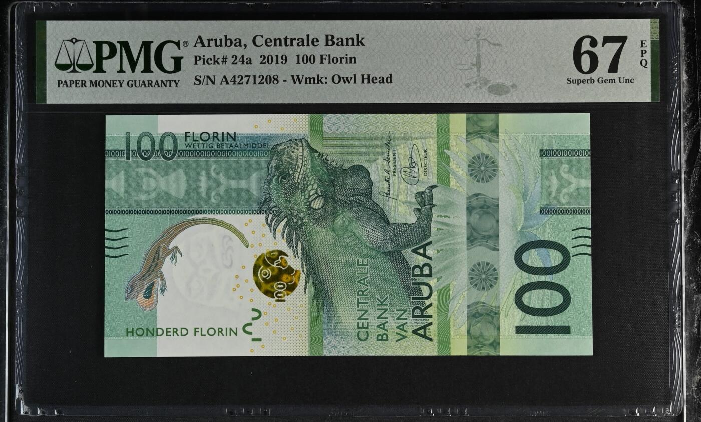 《艾美收藏》第230期-2.1周日外币年前精品场 阿鲁巴2019年A冠100福林PMG67E尾8 大蜥蜴 IBNS获奖钞