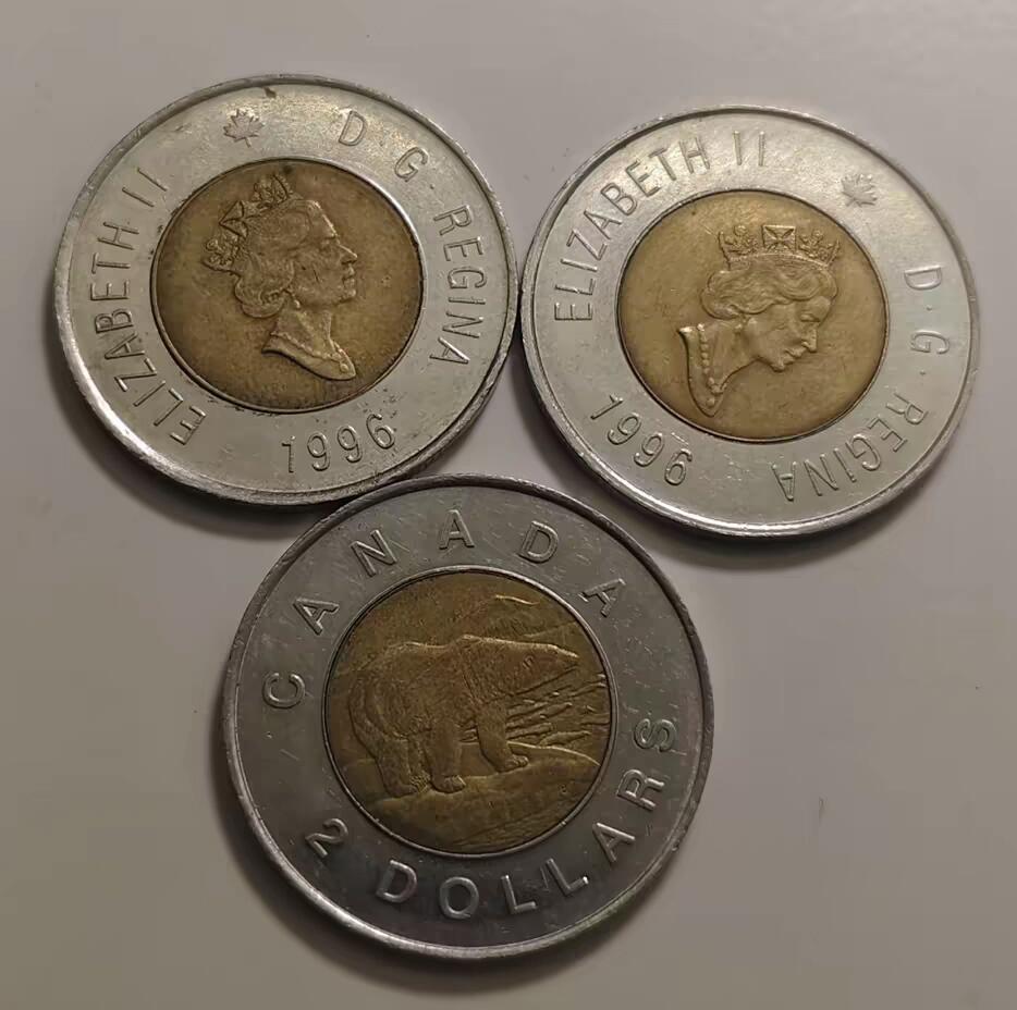 加拿大1996-2003年2元双色硬币高冠女王25mm北美洲硬币