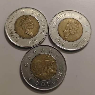 加拿大1996-2003年2元双色硬币高冠女王25mm北美洲硬币 - 加拿大1996-2003年2元双色硬币高冠女王25mm北美洲硬币