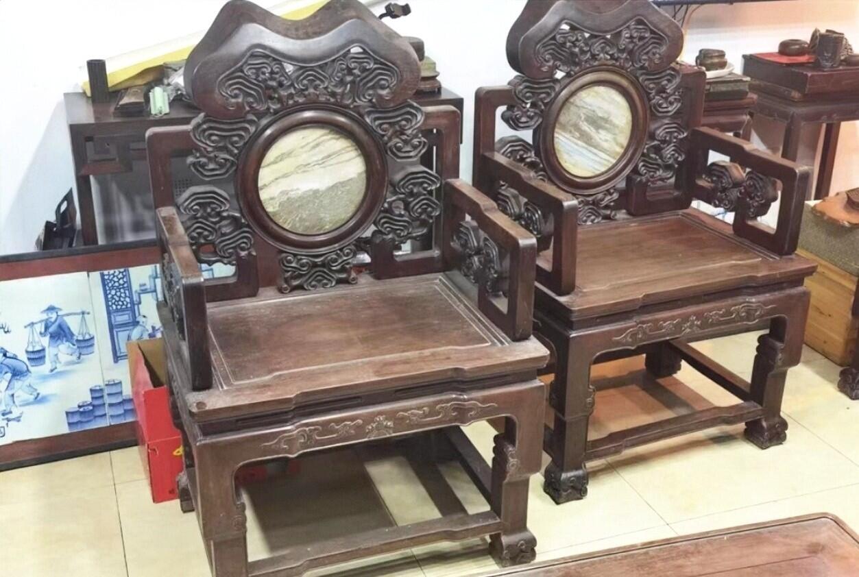 老红木嵌云石灵芝太师椅四椅两茶几一套六件套 