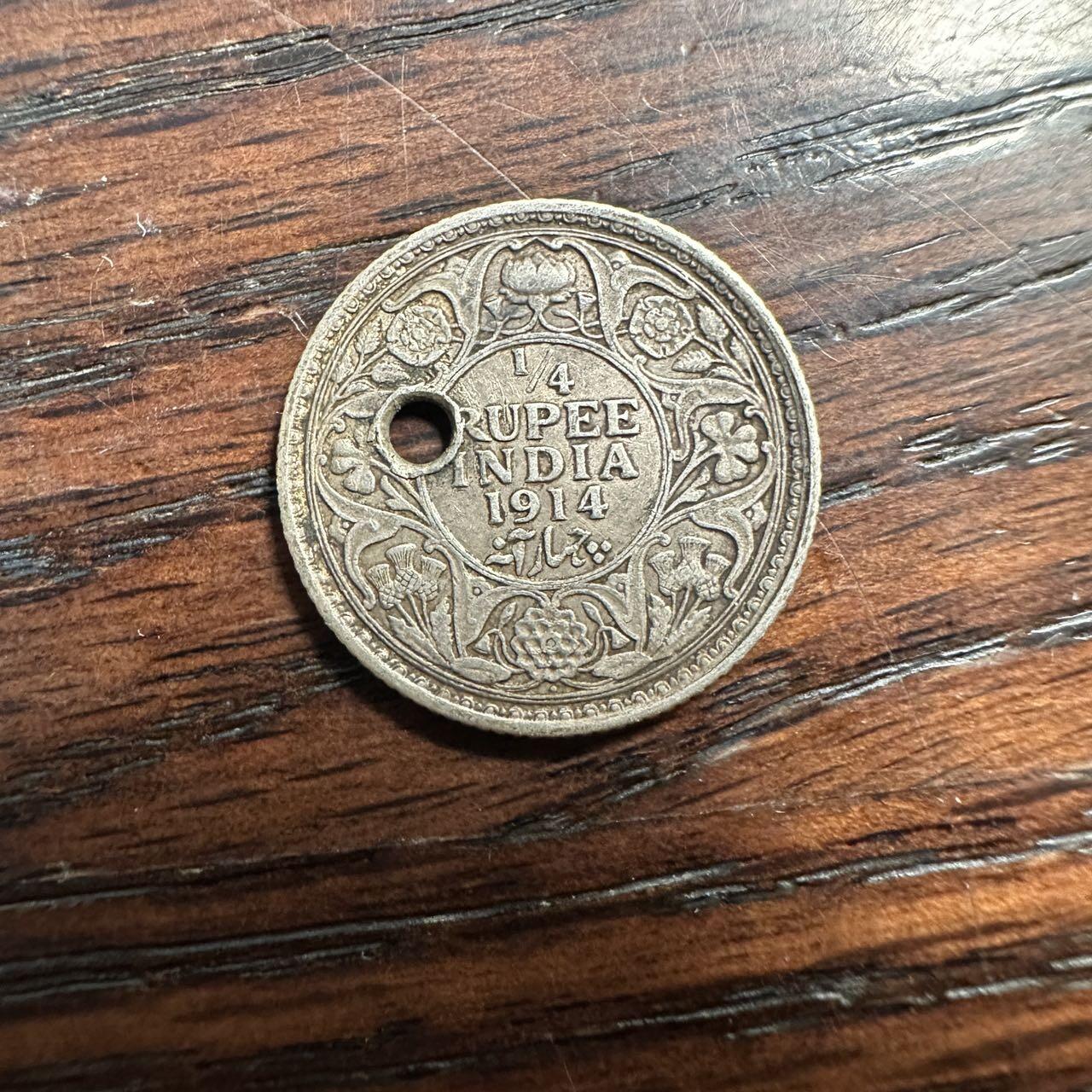 蒂克钱币-第58场 外国散币 奥运/博览会纪念章免佣限时拍 英属印度 1914年 1/4 卢布银币 2.86g