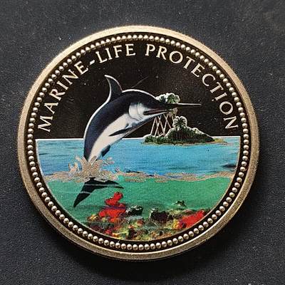 【全场包邮】纯粹捡漏拍498场-持续更新中 - 【少见】帕劳2000年1元海洋生物保护系列剑鱼彩色克朗型纪念币-量8000