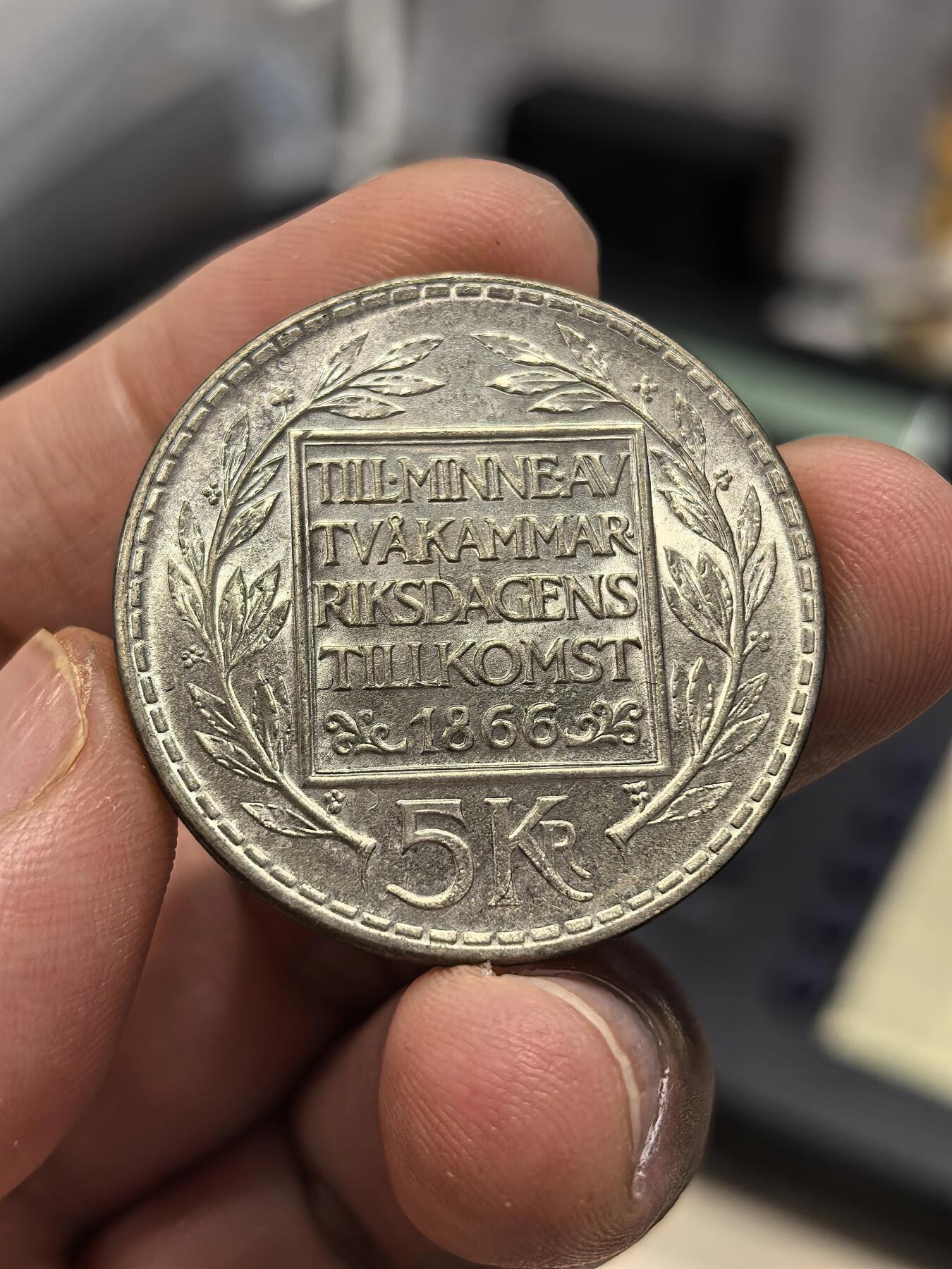 博洋堂世界钱币拍卖第159期（全场包邮） 瑞典1966年5克朗宪法改革100周年银币，BU原光，18g*0.4银=7.2g纯银