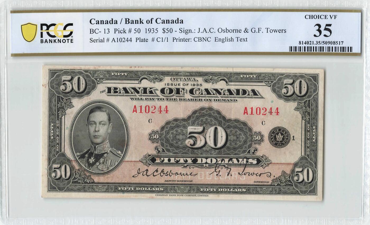 小福收藏拍卖第200期 【庆典场 中拍就有好礼相赠】评级币精选场 本期有捷克斯洛伐克20年100克朗慕夏作品大珍 69分倒置百位号布隆迪世界最大纸币  35年版加拿大经典 苏格兰格拉斯哥大学500年纪念钞倒置小号 卡塔尔80年100里亚尔冠军分 美国教育券 意大利拉斐尔 乌克兰 库克群岛 墨西哥 南斯拉夫 亚美尼亚等多国精美高分珍稀老钞精品纸币 加拿大 1935年 50元 乔治王子（后来的乔治六世 ）A冠 双尾 PCGS35