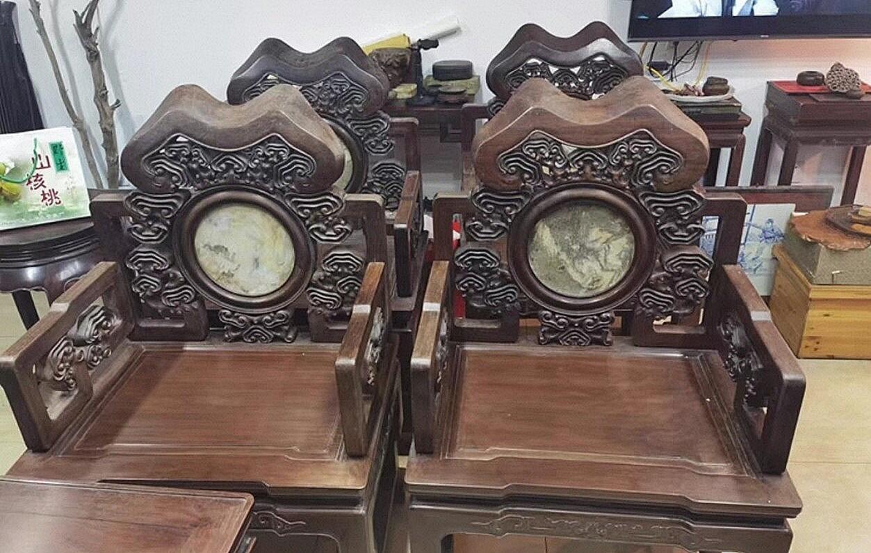 老红木嵌云石灵芝太师椅四椅两茶几一套六件套 