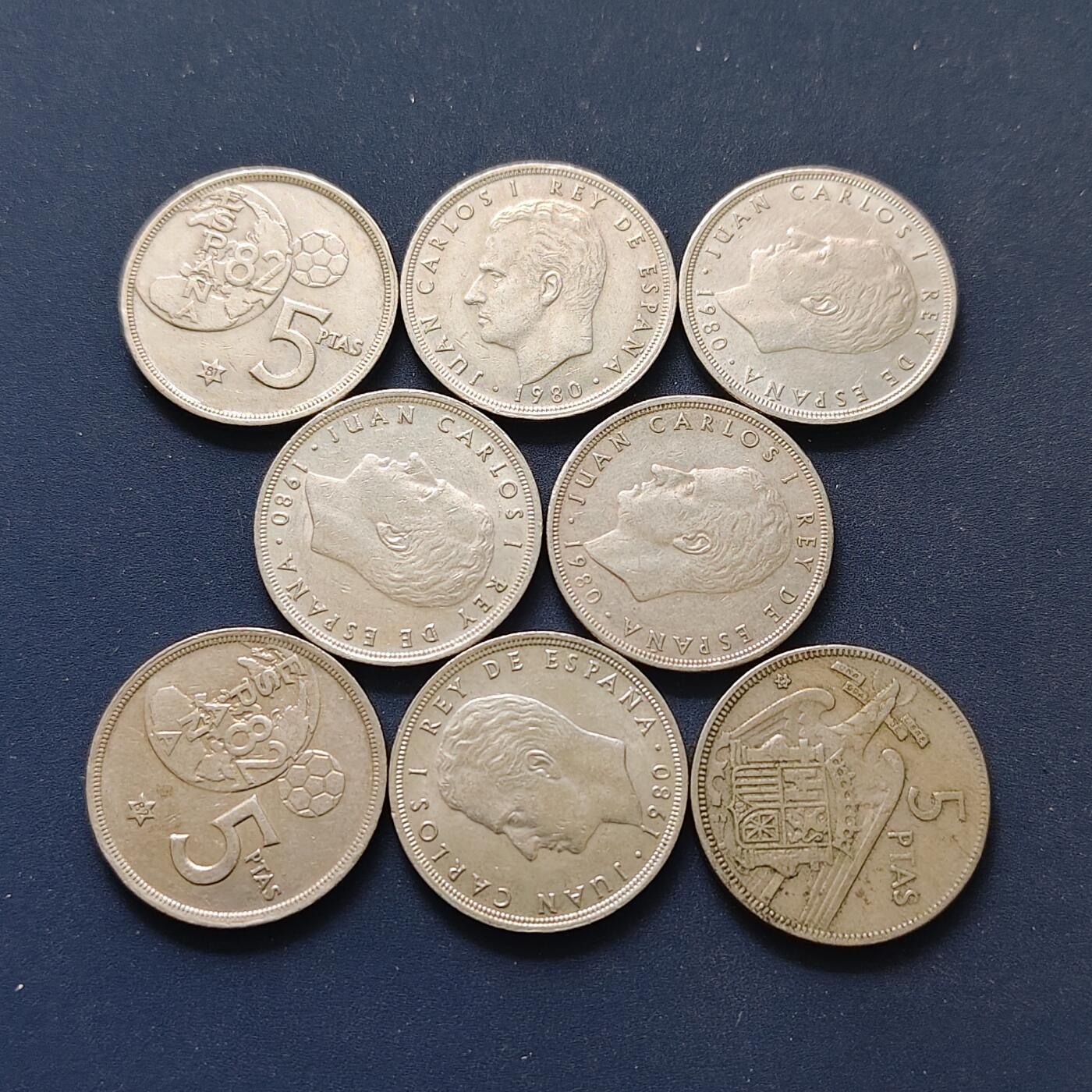 【全场包邮】纯粹捡漏拍498场-持续更新中 西班牙各年份5比塞塔8枚一组-含多枚世界杯纪念币