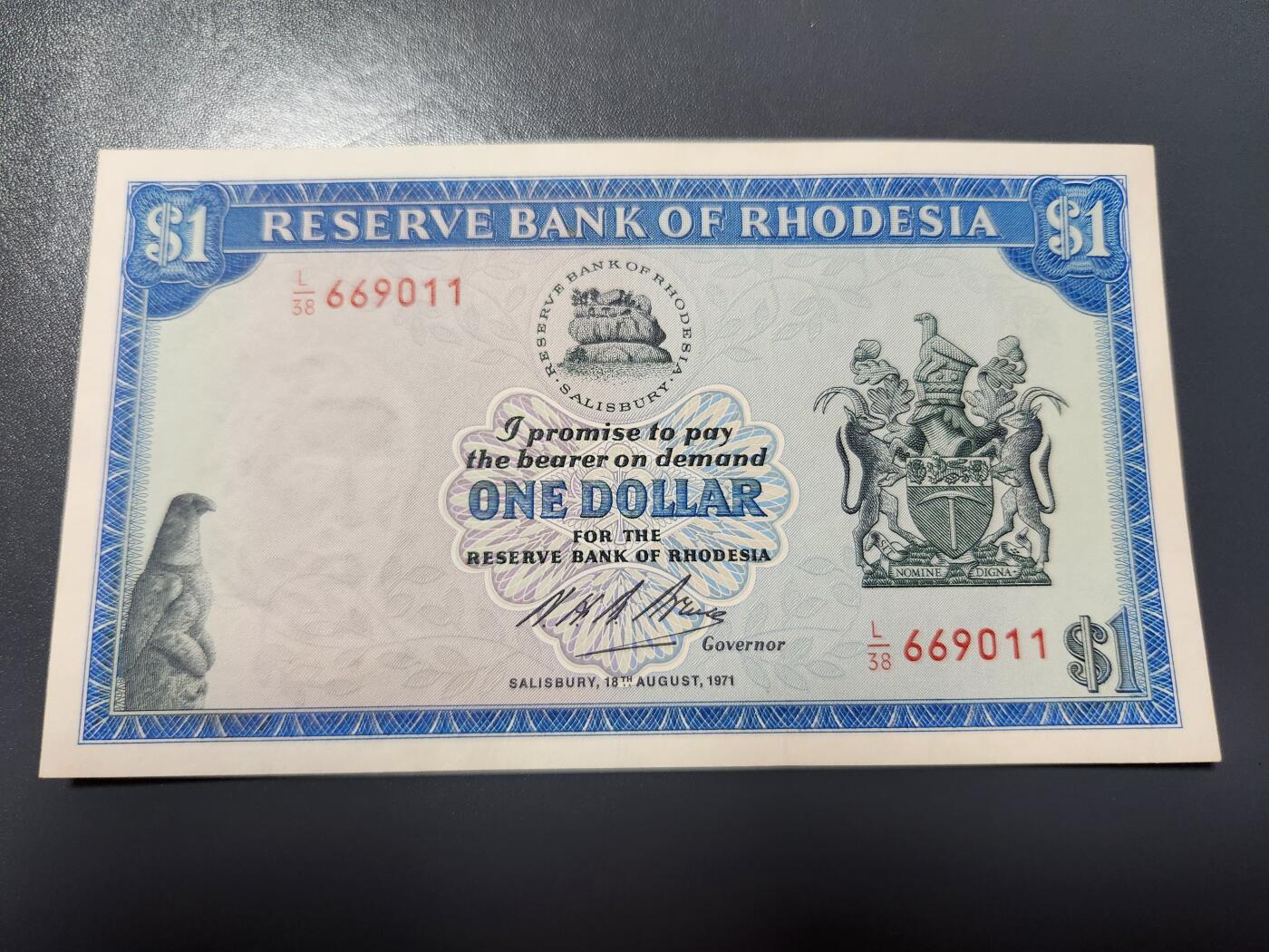 1月29号晚上8点 外国纸币自动截拍第15场 人像水印第一版1971年 罗德西亚1元新品