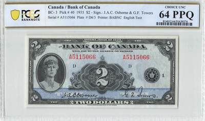 小福收藏拍卖第200期 【庆典场 中拍就有好礼相赠】评级币精选场 本期有捷克斯洛伐克20年100克朗慕夏作品大珍 69分倒置百位号布隆迪世界最大纸币  35年版加拿大经典 苏格兰格拉斯哥大学500年纪念钞倒置小号 卡塔尔80年100里亚尔冠军分 美国教育券 意大利拉斐尔 乌克兰 库克群岛 墨西哥 南斯拉夫 亚美尼亚等多国精美高分珍稀老钞精品纸币 - 加拿大 1935年 2元 玛丽皇后 A冠 靓号5115066 PCGS64 PPQ