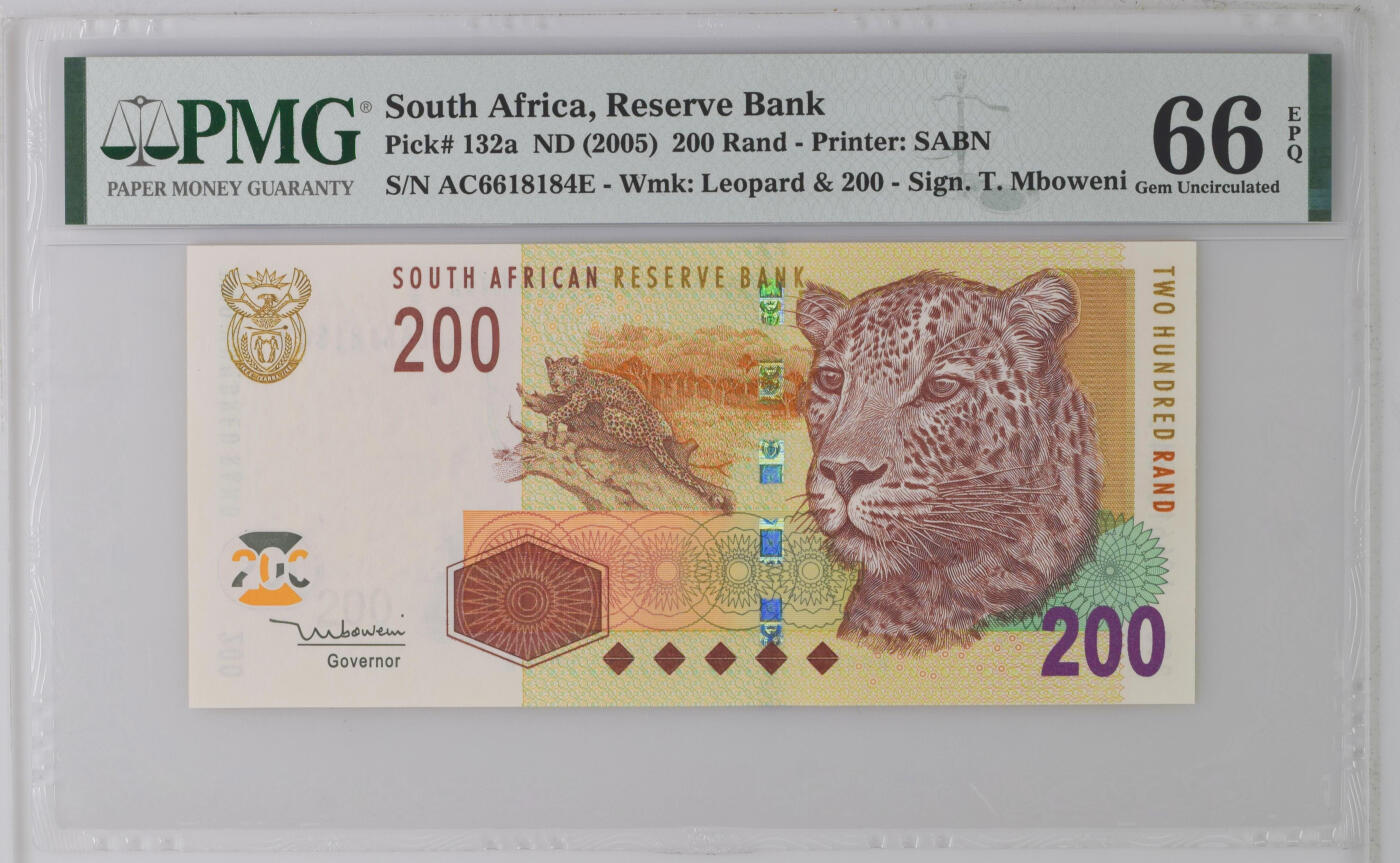《艾美收藏》第230期-2.1周日外币年前精品场 南非2005年200兰特最高值PMG66E，该版本设计精美 实物非常漂亮 非洲猎豹 Pick#132a
