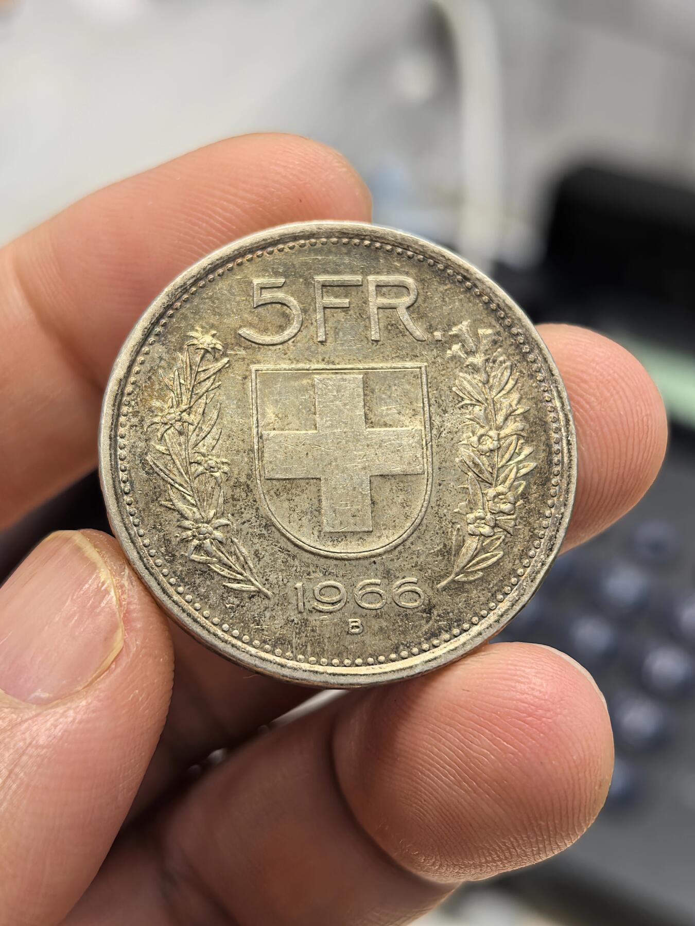 博洋堂世界钱币拍卖第159期（全场包邮） 五彩原光瑞士1966年5法郎银币，15g*0.835银=12.525g纯银