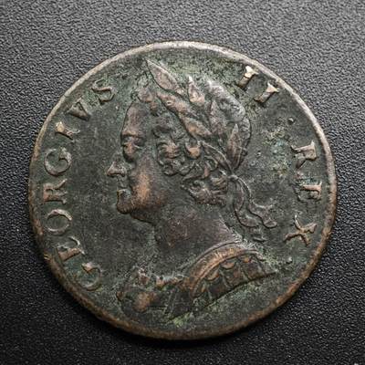 【淘币小摊】限时拍第八百五十七拍  老铜币场  满百包邮可预留两周  周一统一发货  - 英国1747年乔治二世半便士铜币