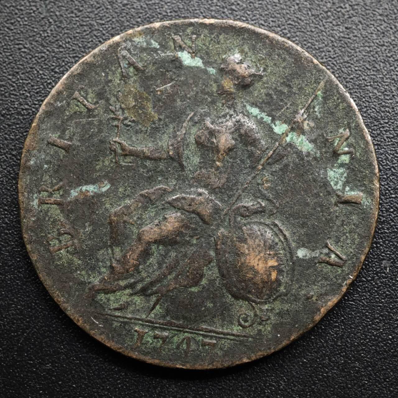 【淘币小摊】限时拍第八百五十七拍  老铜币场  满百包邮可预留两周  周一统一发货  英国1747年乔治二世半便士铜币