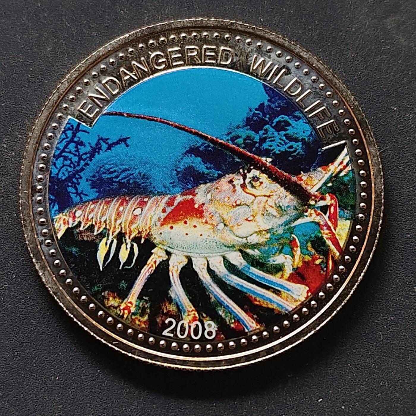 【全场包邮】纯粹捡漏拍498场-持续更新中 【稀少】帕劳2008年1元濒危动物系列多彩刺龙虾彩色克朗型纪念币-量2500