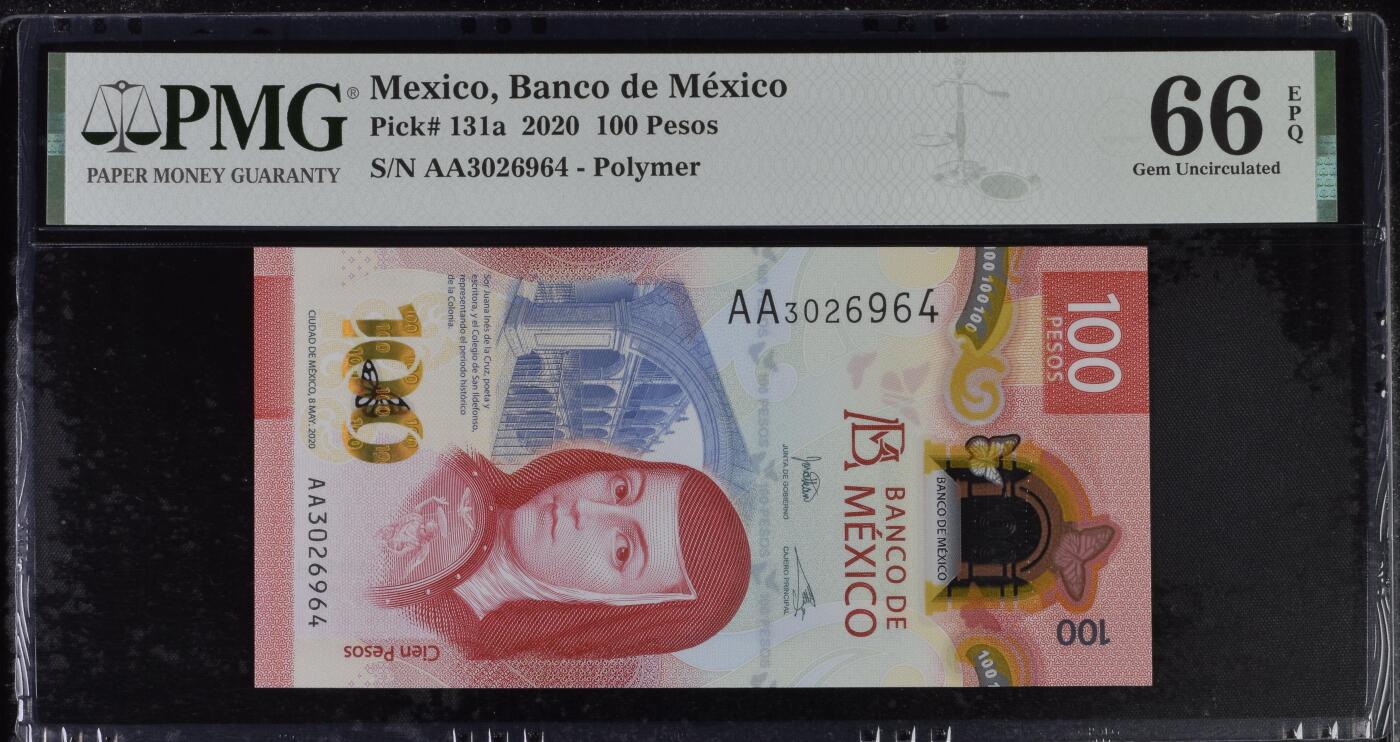 《艾美收藏》第230期-2.1周日外币年前精品场 墨西哥2020年首发AA冠100比索PMG66E IBNS世界最佳纸币获奖钞