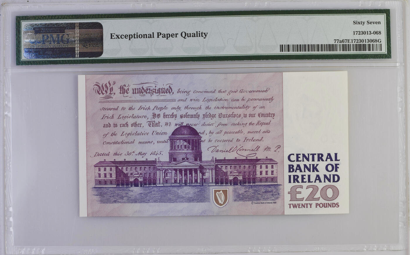 《艾美收藏》第230期-2.1周日外币年前精品场 爱尔兰1994年少见初版首签20镑PMG67E亚军分无4 冠军68分仅1张 民族主义运动代表丹尼尔·奥康奈尔 Pick#77a
