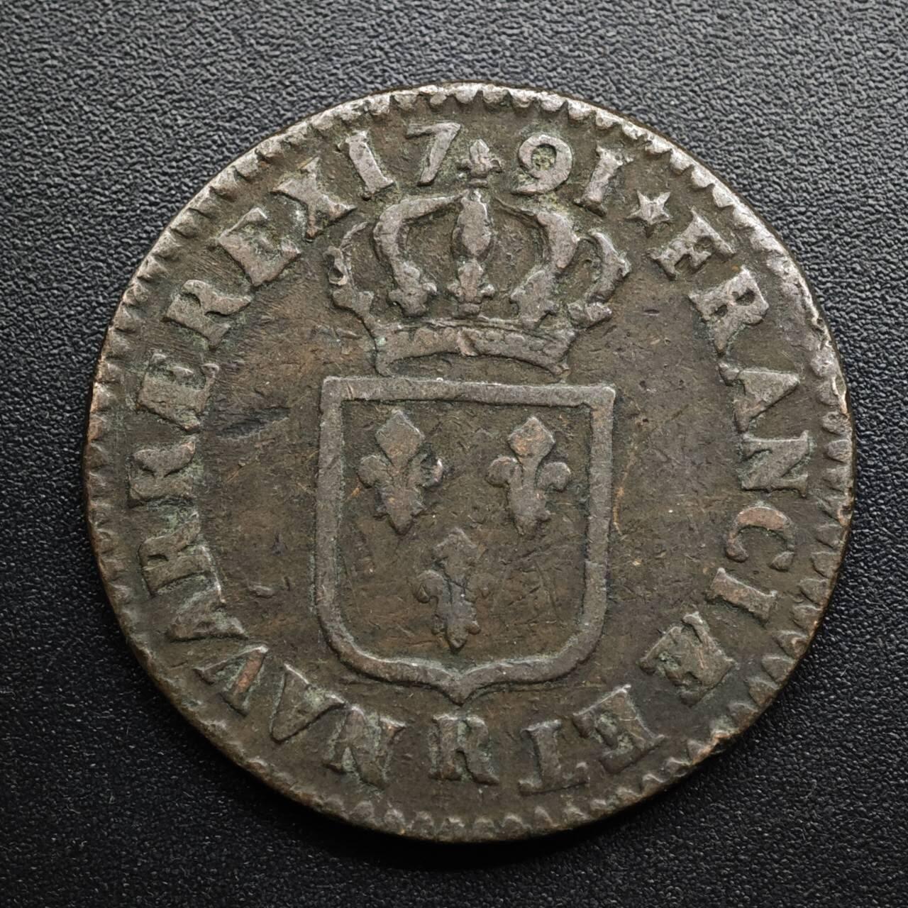 【淘币小摊】限时拍第八百五十七拍  老铜币场  满百包邮可预留两周  周一统一发货  法国1791年路易十六1LIARD铜币