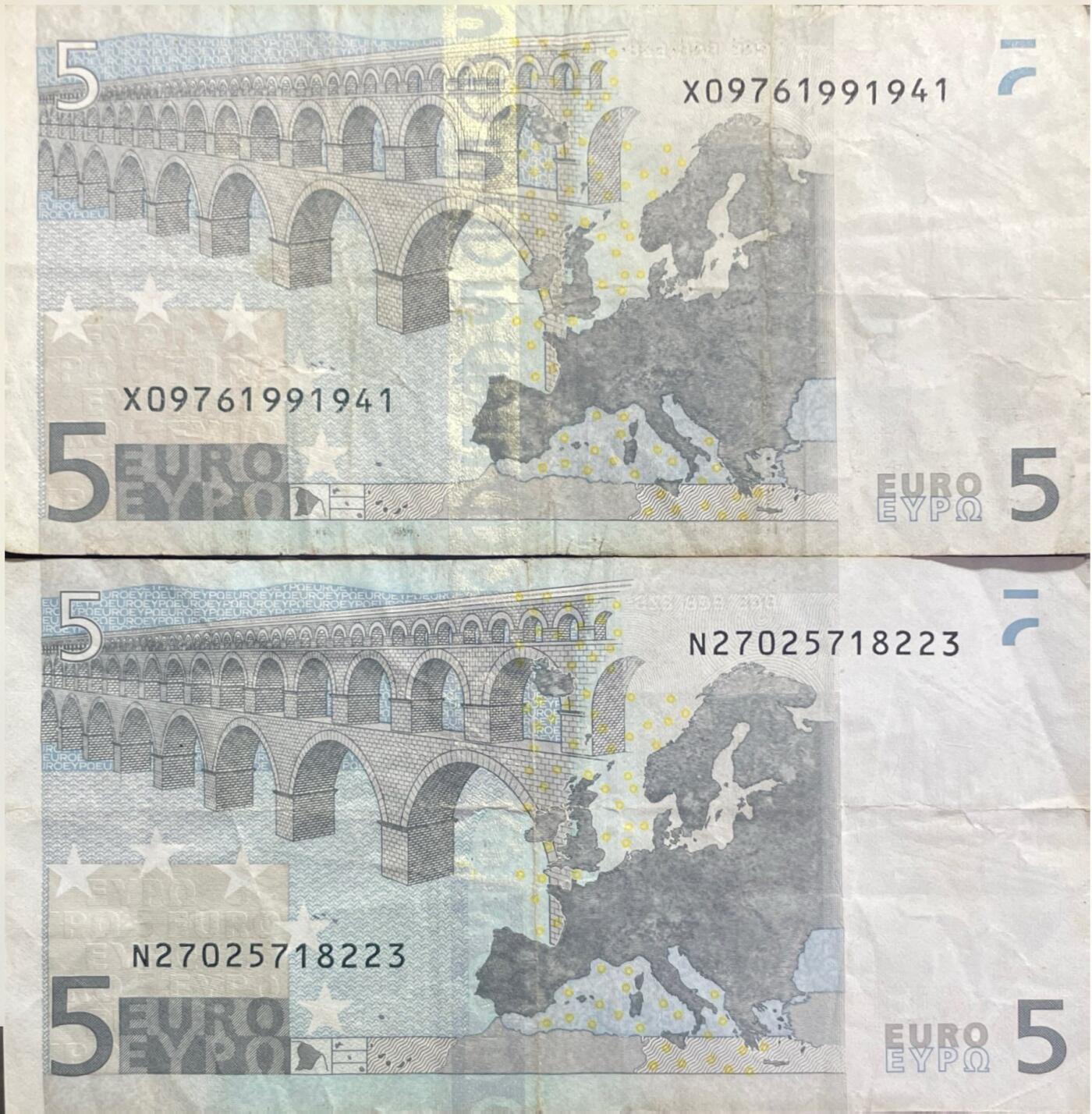 回流0201 2002版德意志联邦银行（X）、奥地利国家银行（N）发行的5欧元纸钞，等值83.44元人民币