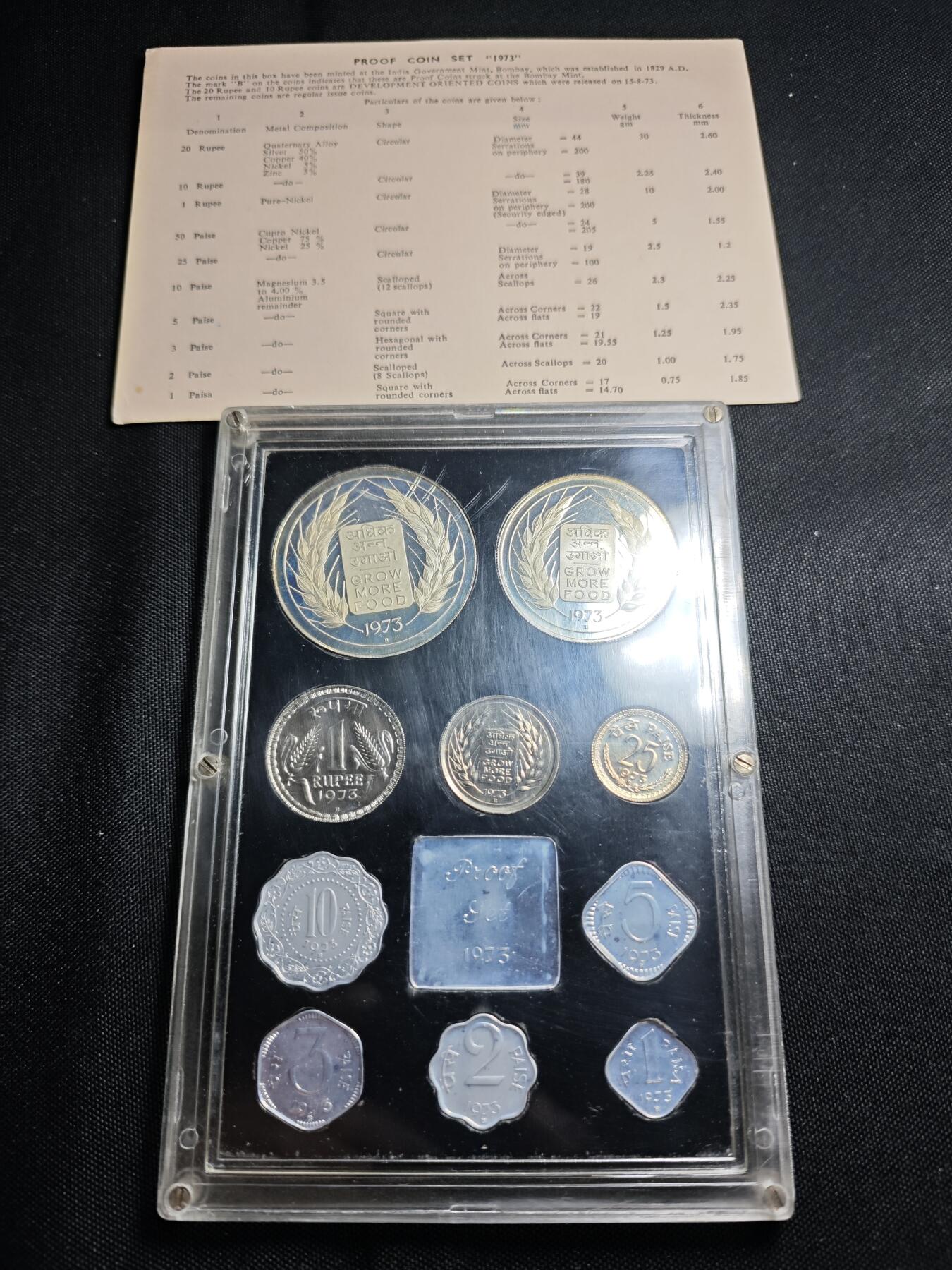 KK钱币收藏小铺  第400期  百期特拍（四拍之四）2月预留时间 周末发货  1973印度官方大小面值精制套币 盒套齐全 有氧化