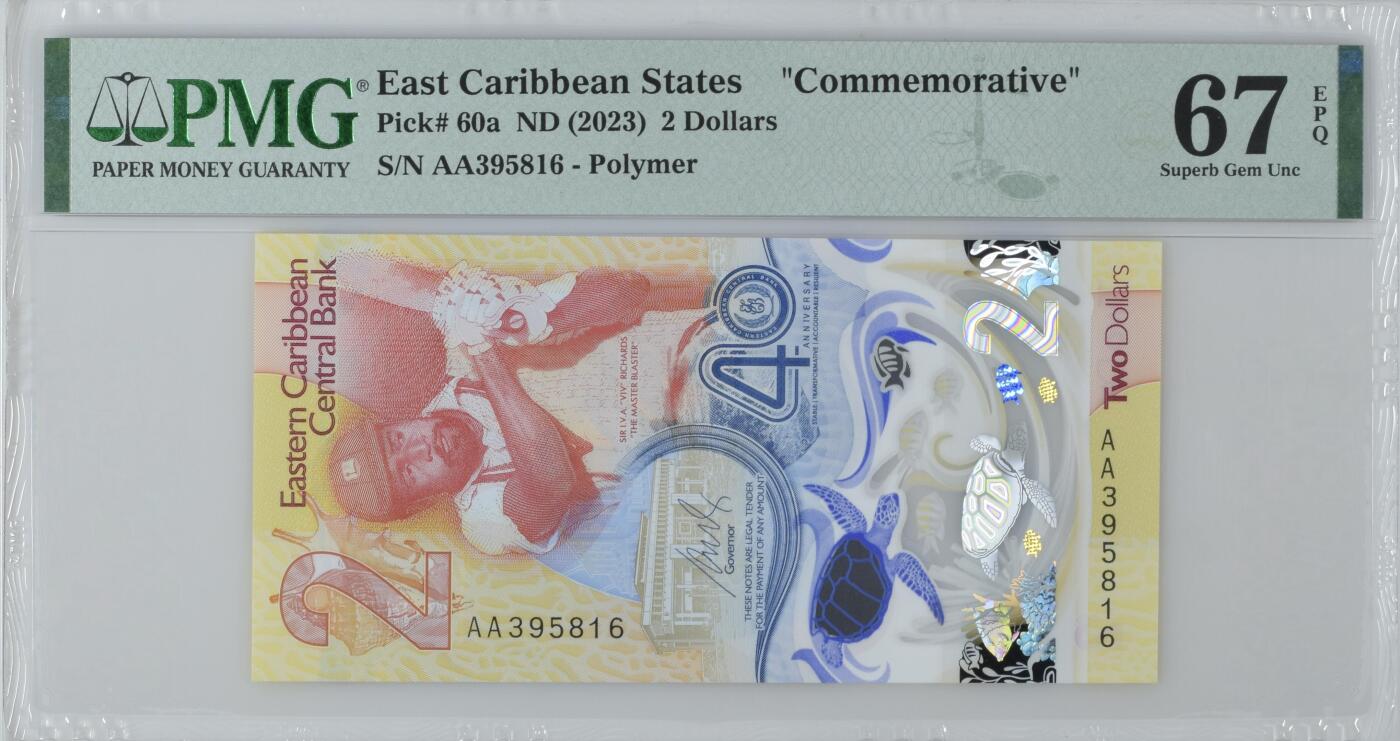《艾美收藏》第230期-2.1周日外币年前精品场 东加勒比2023年首发AA冠2元PMG67E高分无47，央行成立40周年纪念钞，IBNS世界最佳纸币获奖钞