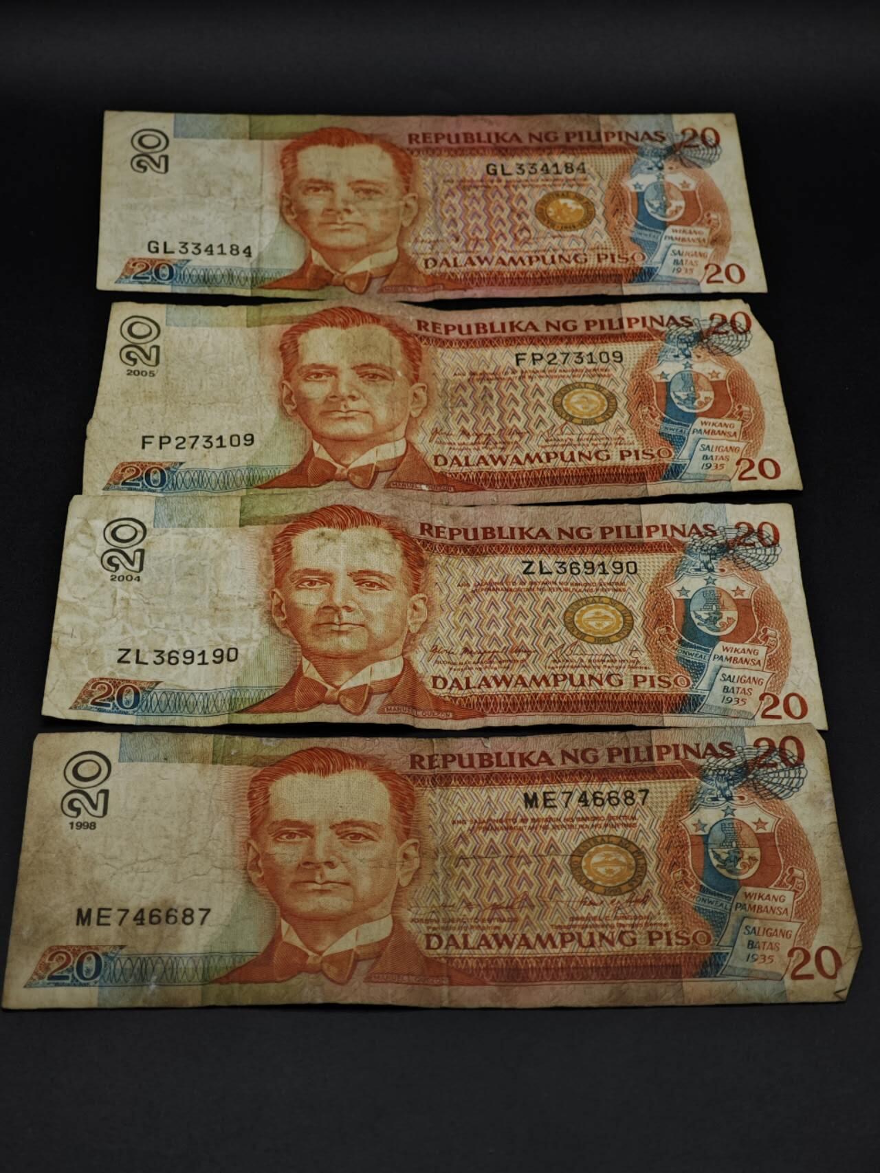 【淘币小摊】实时拍第八百五十六拍   无佣金福利纸币场   满百包邮可预留二周 每周一统一发货   菲律宾20比索纸币4张【有折】