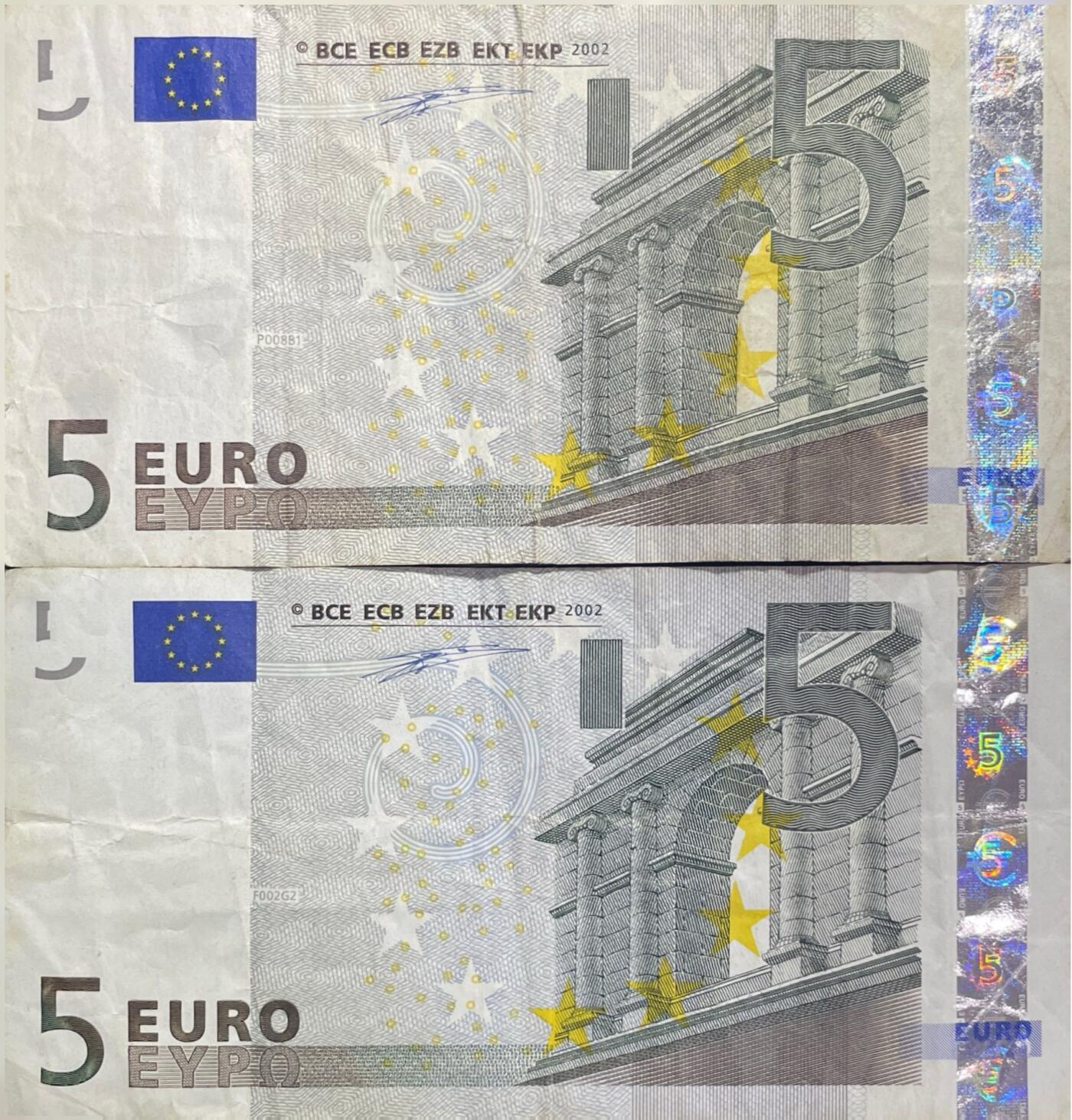 回流0201 2002版德意志联邦银行（X）、奥地利国家银行（N）发行的5欧元纸钞，等值83.44元人民币