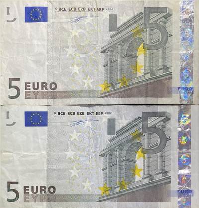 回流0201 - 2002版德意志联邦银行（X）、奥地利国家银行（N）发行的5欧元纸钞，等值83.44元人民币