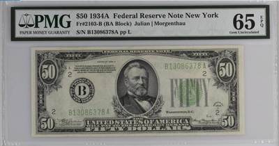 《艾美收藏》第230期-2.1周日外币年前精品场 - 美国1934A版50美元PMG65E无4尾8 颜色偏黄绿与1934浅绿版一致 经典老壳严评 早期版本难上分