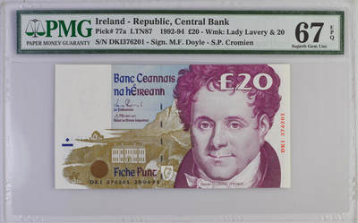 《艾美收藏》第230期-2.1周日外币年前精品场 - 爱尔兰1994年少见初版首签20镑PMG67E亚军分无4 冠军68分仅1张 民族主义运动代表丹尼尔·奥康奈尔 Pick#77a