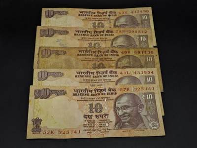 【淘币小摊】实时拍第八百五十六拍   无佣金福利纸币场   满百包邮可预留二周 每周一统一发货   - 印度10卢比纸币5张【有折针眼】