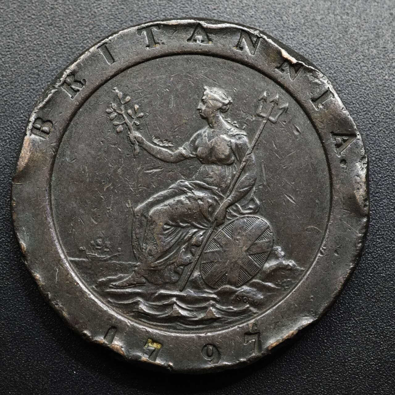 【淘币小摊】限时拍第八百五十七拍  老铜币场  满百包邮可预留两周  周一统一发货  英国1797年乔治三世二便士车轮大铜币