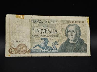 【淘币小摊】实时拍第八百五十六拍   无佣金福利纸币场   满百包邮可预留二周 每周一统一发货   - 意大利5000里拉纸币【有折】