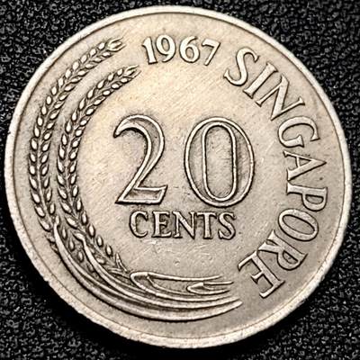 泉币菌-第179场- 精品福利场 - 高币值 1967年 新加坡20分 海洋动物-剑鱼 24mm 