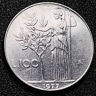 泉币菌-第179场- 精品福利场 - 28mm 意大利100里拉硬币 1977年 种植女神  欧洲硬币