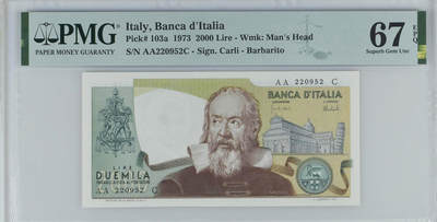 《艾美收藏》第230期-2.1周日外币年前精品场 - 意大利1973年稀少AA冠2000里拉PMG67E亚军分 冠军68分仅1张 伽利略 Pick#103a