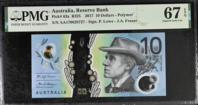 《艾美收藏》第230期-2.1周日外币年前精品场 - 澳大利亚2017年AA冠10元PMG67E高分无4 AA冠难得 Pick#63a