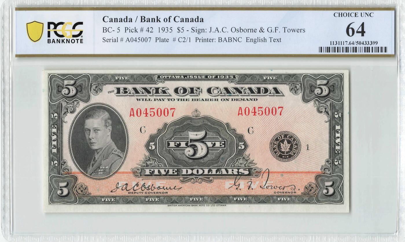 小福收藏拍卖第200期 【庆典场 中拍就有好礼相赠】评级币精选场 本期有捷克斯洛伐克20年100克朗慕夏作品大珍 69分倒置百位号布隆迪世界最大纸币  35年版加拿大经典 苏格兰格拉斯哥大学500年纪念钞倒置小号 卡塔尔80年100里亚尔冠军分 美国教育券 意大利拉斐尔 乌克兰 库克群岛 墨西哥 南斯拉夫 亚美尼亚等多国精美高分珍稀老钞精品纸币 加拿大 1935年 5元 威尔士亲王 A冠 PCGS64