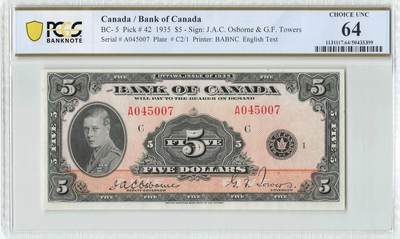 小福收藏拍卖第200期 【庆典场 中拍就有好礼相赠】评级币精选场 本期有捷克斯洛伐克20年100克朗慕夏作品大珍 69分倒置百位号布隆迪世界最大纸币  35年版加拿大经典 苏格兰格拉斯哥大学500年纪念钞倒置小号 卡塔尔80年100里亚尔冠军分 美国教育券 意大利拉斐尔 乌克兰 库克群岛 墨西哥 南斯拉夫 亚美尼亚等多国精美高分珍稀老钞精品纸币 - 加拿大 1935年 5元 威尔士亲王 A冠 PCGS64