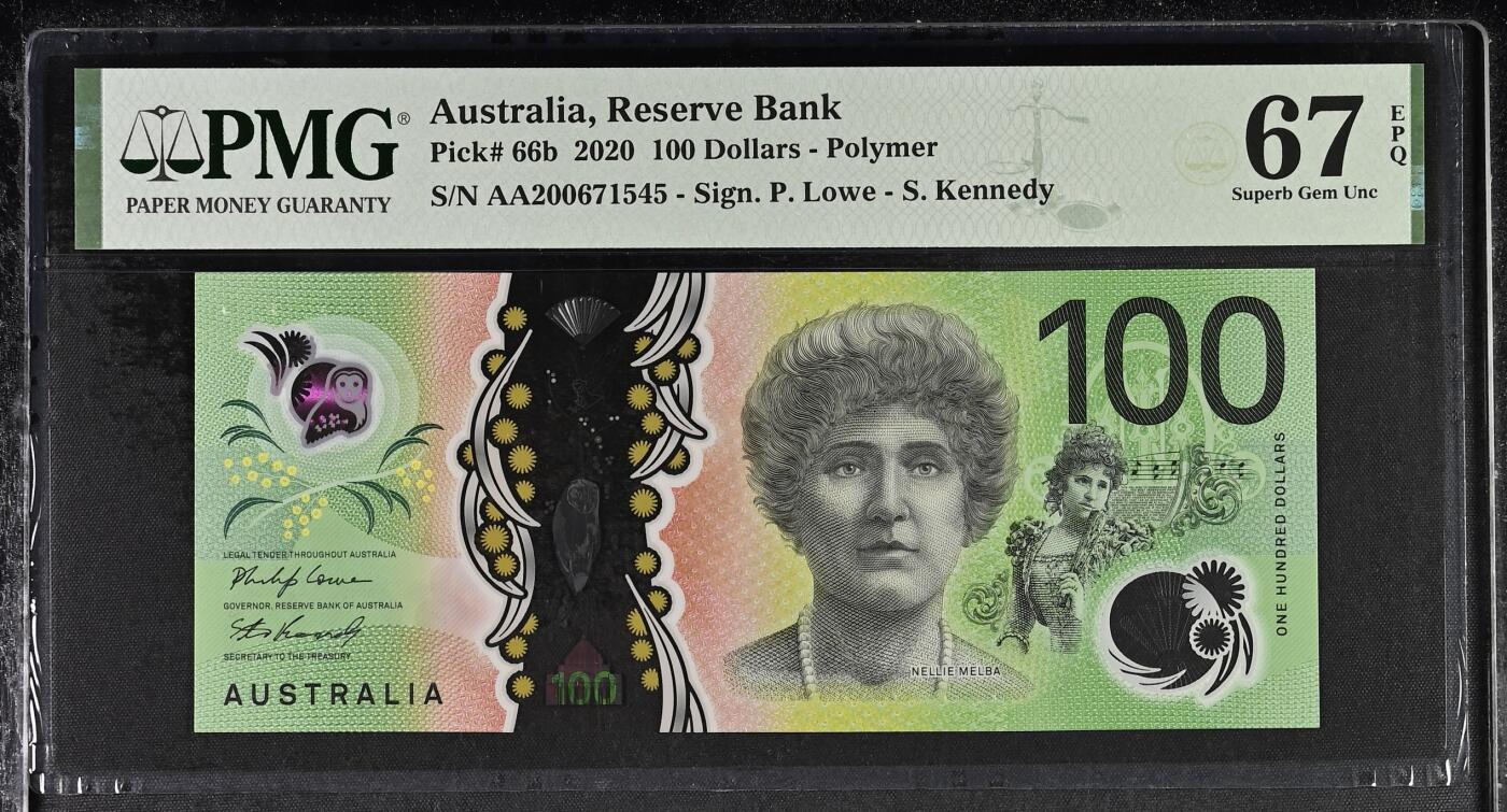 《艾美收藏》第230期-2.1周日外币年前精品场 澳大利亚2020年AA冠100元最高值PMG67E高分 AA冠难得 Pick#66b