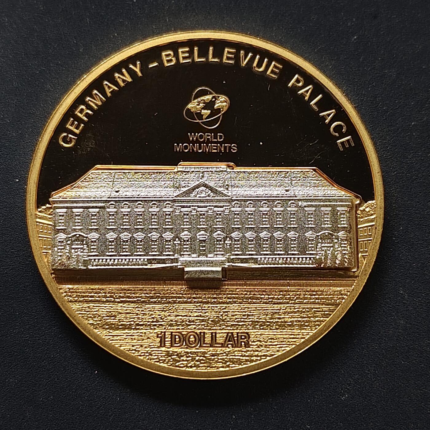 【全场包邮】纯粹捡漏拍498场-持续更新中 【少见】库克群岛2010年1元世界建筑系列德国贝尔维尤宫立体形精制镀金纪念币-量7500
