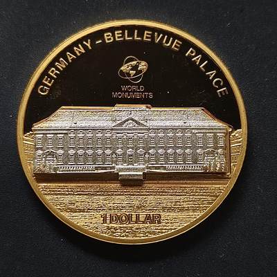 【全场包邮】纯粹捡漏拍498场-持续更新中 - 【少见】库克群岛2010年1元世界建筑系列德国贝尔维尤宫立体形精制镀金纪念币-量7500